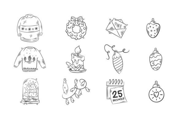 Hand-Drawn Christmas Icons for T-Shirts & Coloring
